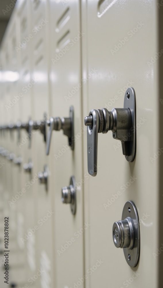 Close-up shot highlighting the locks and handles of school lockers symbolizing safety and confidentiality Close-up shot highlighting the locks and handles of school lockers symbolizing safety and confidentiality
