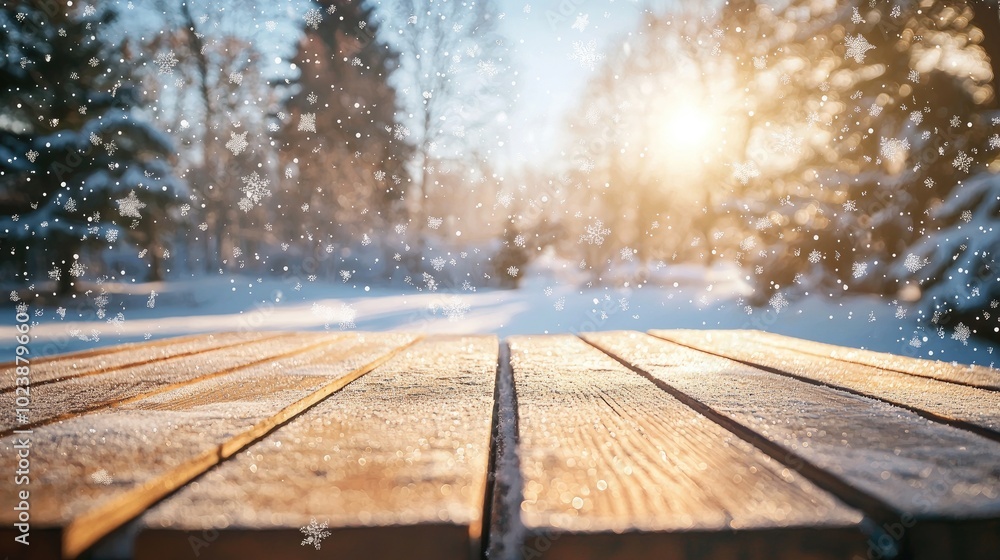 Wooden Tabletop with Snowfall and Defocused Winter Landscape Background Wooden Tabletop with Snowfall and Defocused Winter Landscape Background