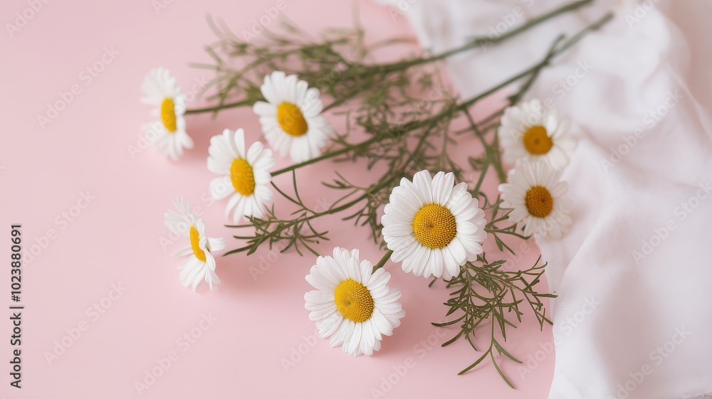 Obraz premium A serene arrangement of white daisies on a soft pink background, complemented by delicate greenery and flowing fabric.