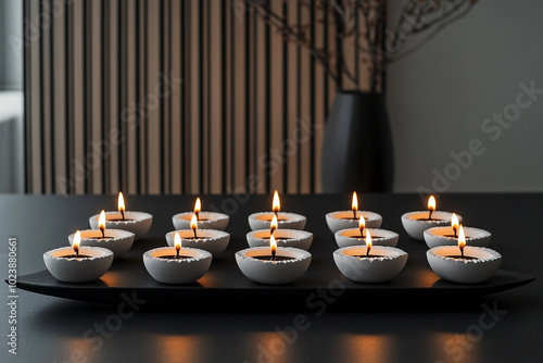 Beautiful diwali diya candles lined up on a tray and burning celebrate festival photo