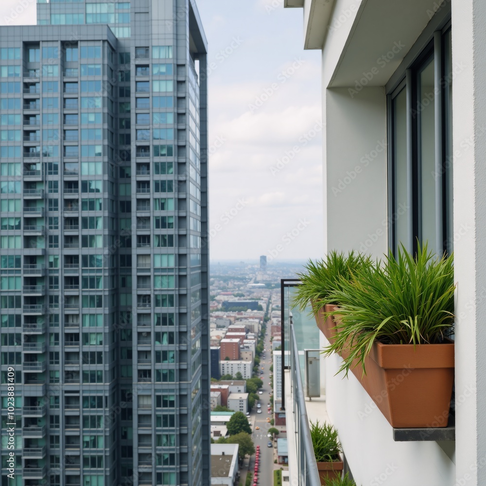 Modern balcony with potted plants and a glass railing ideal for depicting urban living or eco-friendly design Modern balcony with potted plants and a glass railing ideal for depicting urban living or eco-friendly design