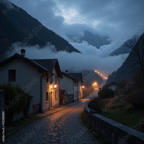 A mystical mountain village veiled by fog at twilight Medium Angle Shot photo