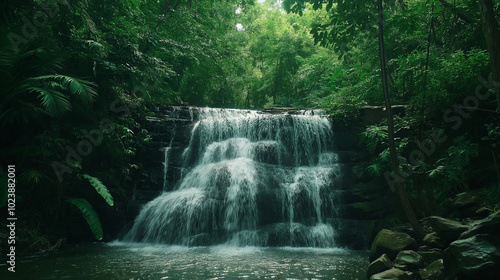 Lush waterfall surrounded by dense green foliage in tranquil forest.

