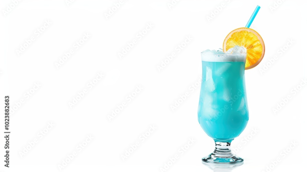 Refreshing blue cocktail with ice and a slice of orange on a white background. Refreshing blue cocktail with ice and a slice of orange on a white background.