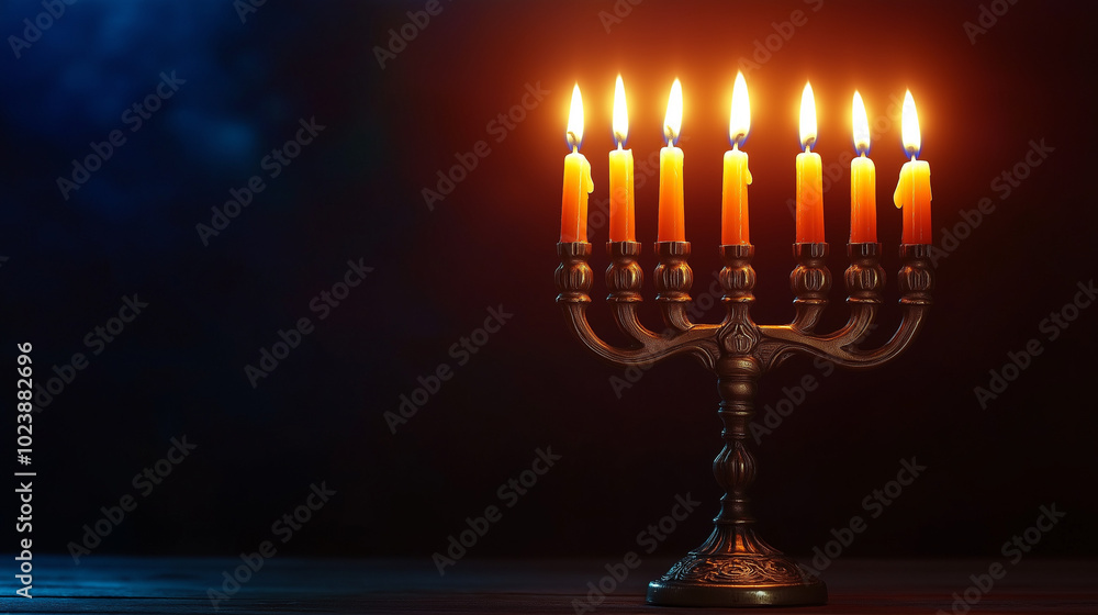 Menorah with all candles lit on wooden table, warm glow in dark setting.
Menorah with all candles lit on wooden table, warm glow in dark setting.