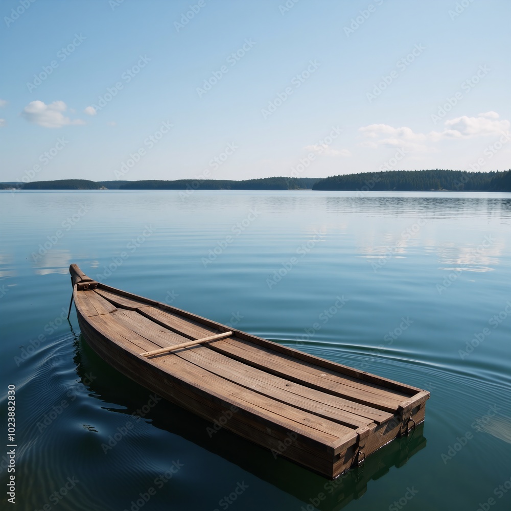 A tranquil scene featuring a driftwood raft adrift on a placid lake A tranquil scene featuring a driftwood raft adrift on a placid lake