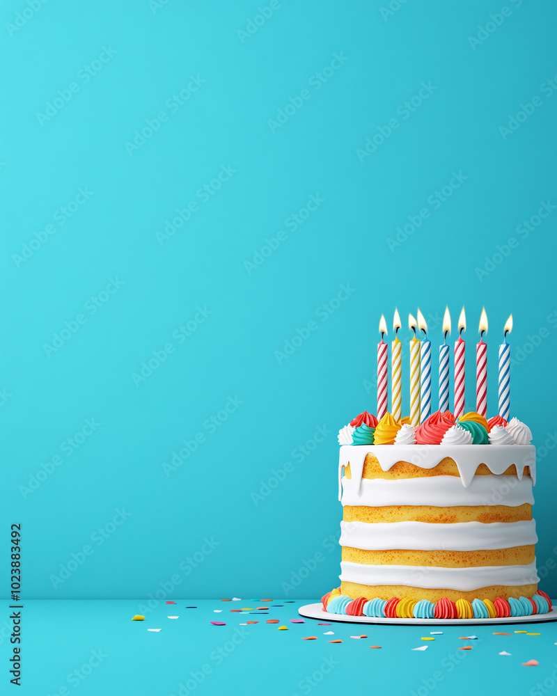 colorful birthday cake with candles on blue background