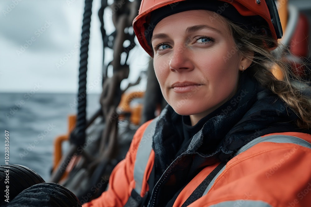 A Female Oil Rig Worker in the Ocean, Operating Heavy Machinery, Wearing Safety Gear Under a Stormy Sky A Female Oil Rig Worker in the Ocean, Operating Heavy Machinery, Wearing Safety Gear Under a Stormy Sky