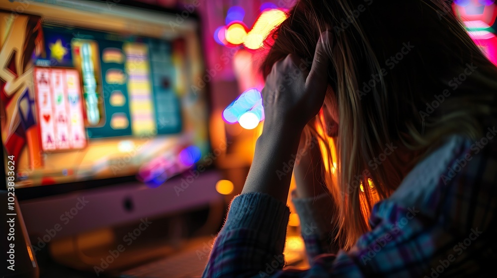 Obraz premium Young Caucasian Woman Feeling Stressed While Facing Computer Screen with Online Slot Games. Concept of Gambling Addiction, Digital Challenges, Emotional Strain