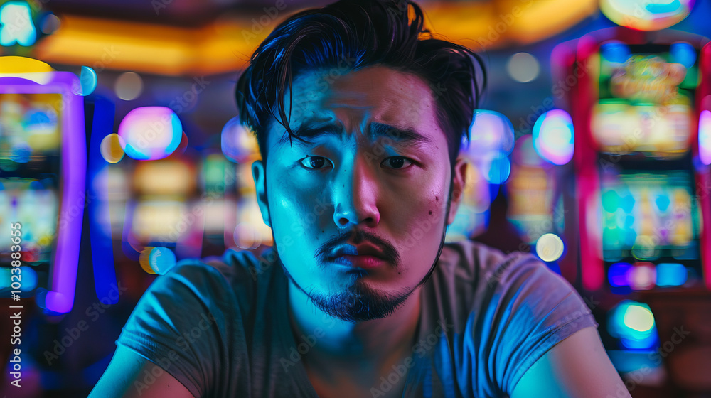 Portrait of a Pensive Asian Man in a Casino with Colorful Slot Machines, Concept of Contemplation, Gambling Lifestyle, Nocturnal Ambiance, Gambling addiction Portrait of a Pensive Asian Man in a Casino with Colorful Slot Machines, Concept of Contemplation, Gambling Lifestyle, Nocturnal Ambiance, Gambling addiction