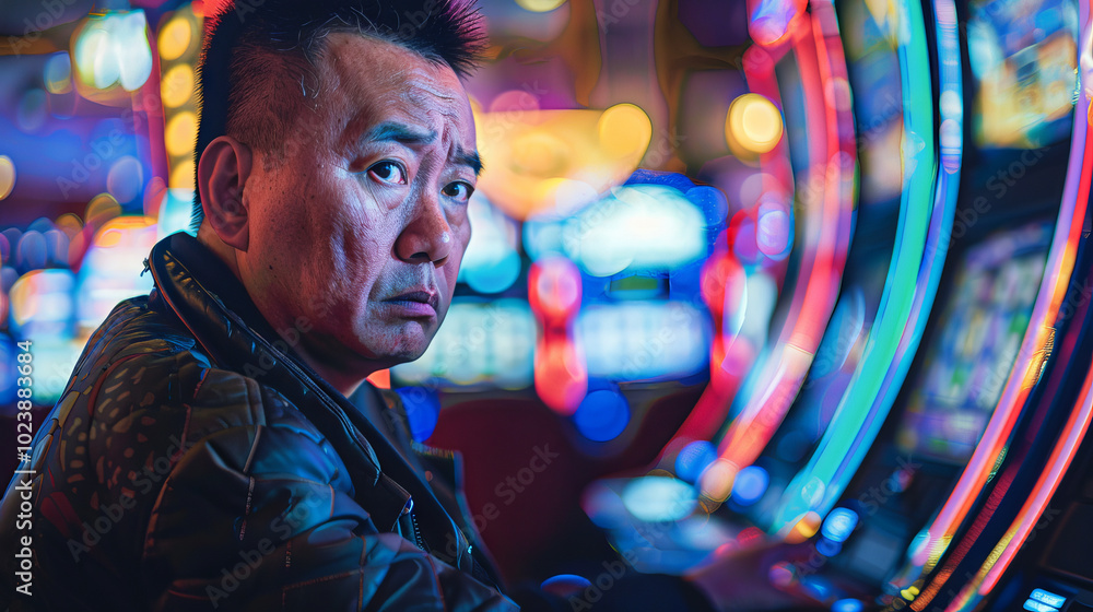 Asian Man Focused on Slot Machine at a Vibrant Casino. Concept of Gambling, Nightlife Excitement, Gambling addiction, and Casino Atmosphere Asian Man Focused on Slot Machine at a Vibrant Casino. Concept of Gambling, Nightlife Excitement, Gambling addiction, and Casino Atmosphere