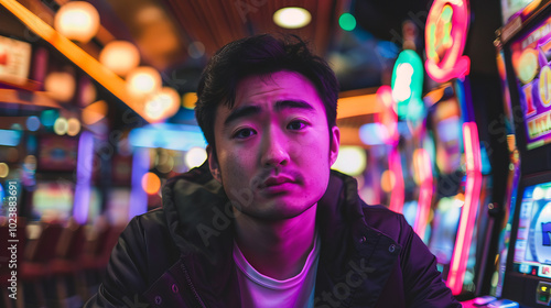 Portrait of a Pensive Asian Man in a Casino with Colorful Slot Machines, Concept of Contemplation, Gambling Lifestyle, Nocturnal Ambiance, Gambling addiction