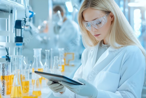 A Woman in a Scientific Laboratory, Mixing Chemicals and Analyzing Data on a Tablet, Futuristic Lab Design