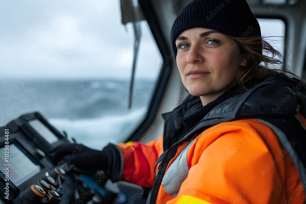 A Woman Piloting a Cargo Ship Through Rough Seas, Wearing a Captain’s Uniform, With Stormy Skies Overhead A Woman Piloting a Cargo Ship Through Rough Seas, Wearing a Captain’s Uniform, With Stormy Skies Overhead