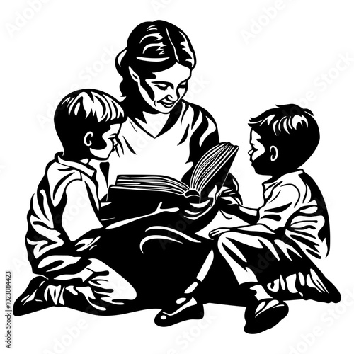 Black and white silhouette of a mother reading a book to two children. Vector artwork. Design for family, parenting, and education-themed prints.”