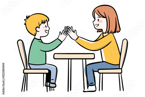 mother, child, game, clapping, cartoon, illustration, vector, design, family, play, happy, simple, together, fun, parenting, bonding, sitting, isolated, table, joyful, children, playtime, playful, col photo