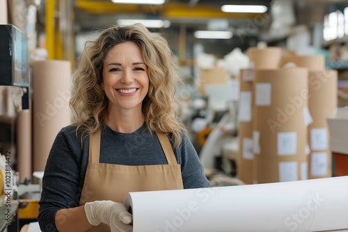 A Woman Operating a Printing Press in an Industrial Facility, Surrounded by Large Rolls of Paper and Ink Machines photo