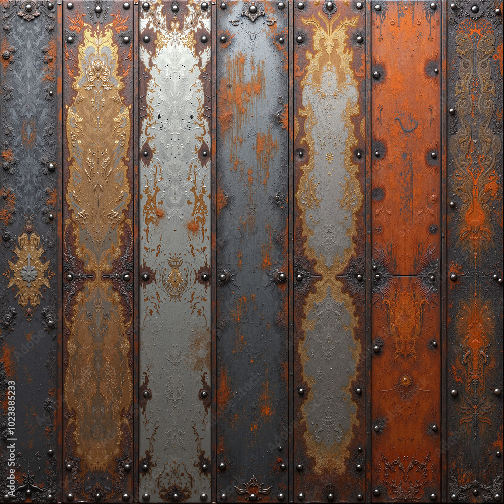 Decorative metal texture set showcasing ornate patterns with patina and rivets Decorative metal texture set showcasing ornate patterns with patina and rivets