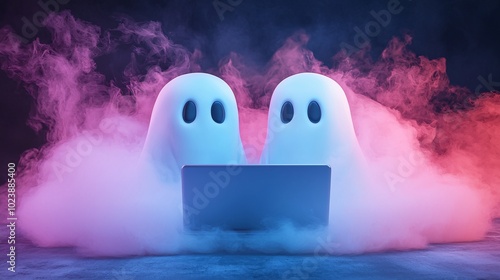 Ghosts Using Laptop in Neon Smoke.