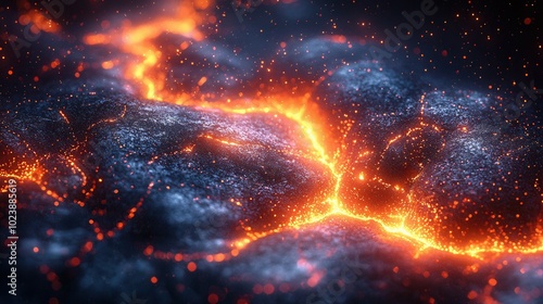 A close up view of lava flowing over dark rocks, showcasing bright orange and red molten lava against a dark background with sparkles.