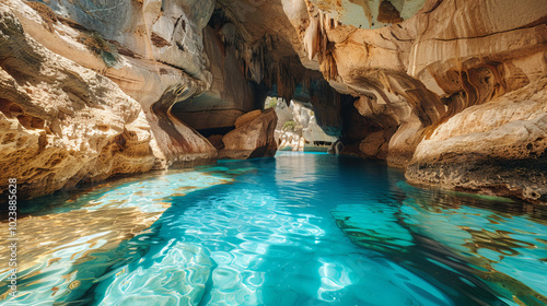 Turquoise Cave Pool with Sunlit Reflections and Natural Rock Formations, Concept of Tranquil Escape, Adventure Exploration, Stunning Nature