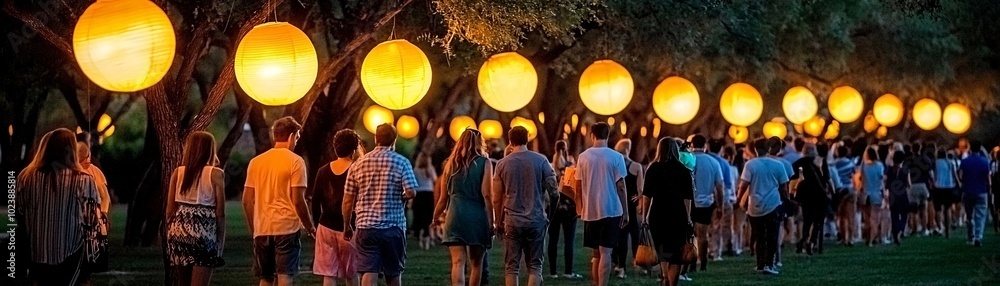 Fototapeta premium People Walking Through a Park with Lanterns.