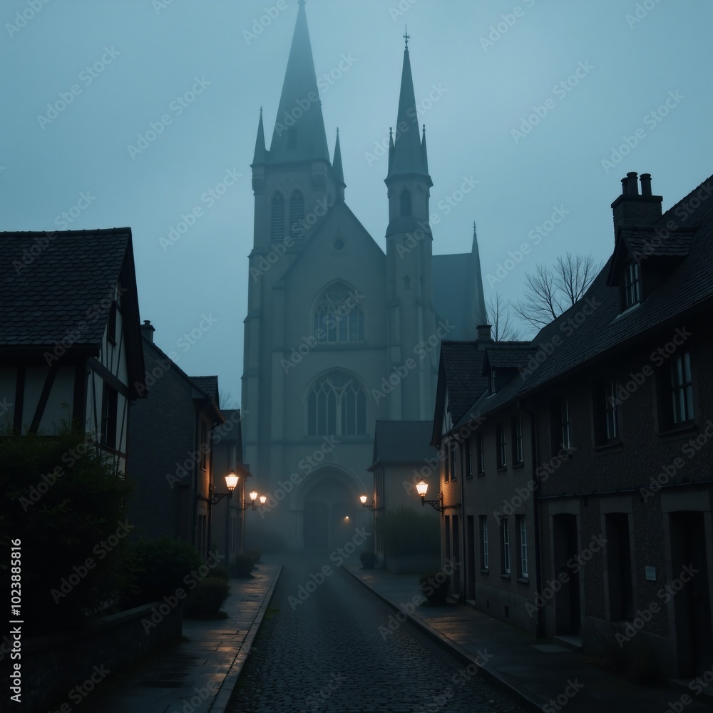 Dark foggy illustration showcasing an eerie old village at night Dark foggy illustration showcasing an eerie old village at night