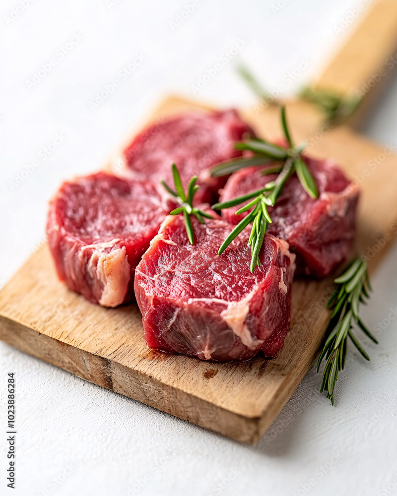 Fresh Raw Beef Steaks with Rosemary on Wooden Cutting Board Fresh Raw Beef Steaks with Rosemary on Wooden Cutting Board