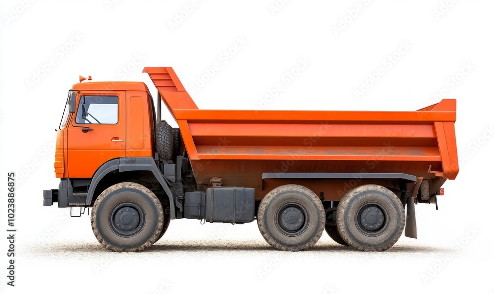 A large orange dump truck is parked on a white background A large orange dump truck is parked on a white background