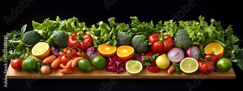 A variety of fresh vegetables and fruits on a wooden board, including lettuce, broccoli, bell peppers, tomatoes, limes, oranges, red onion, and green salad leaves, surrounded by other colorful vegetab photo