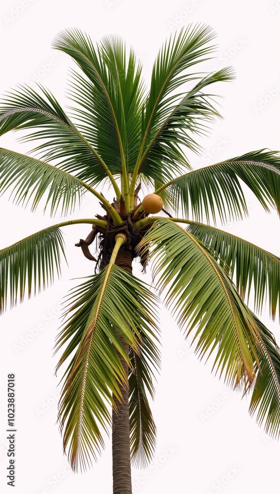 Fototapeta premium Palm tree with a coconut atop tall and leafy isolated against a white background