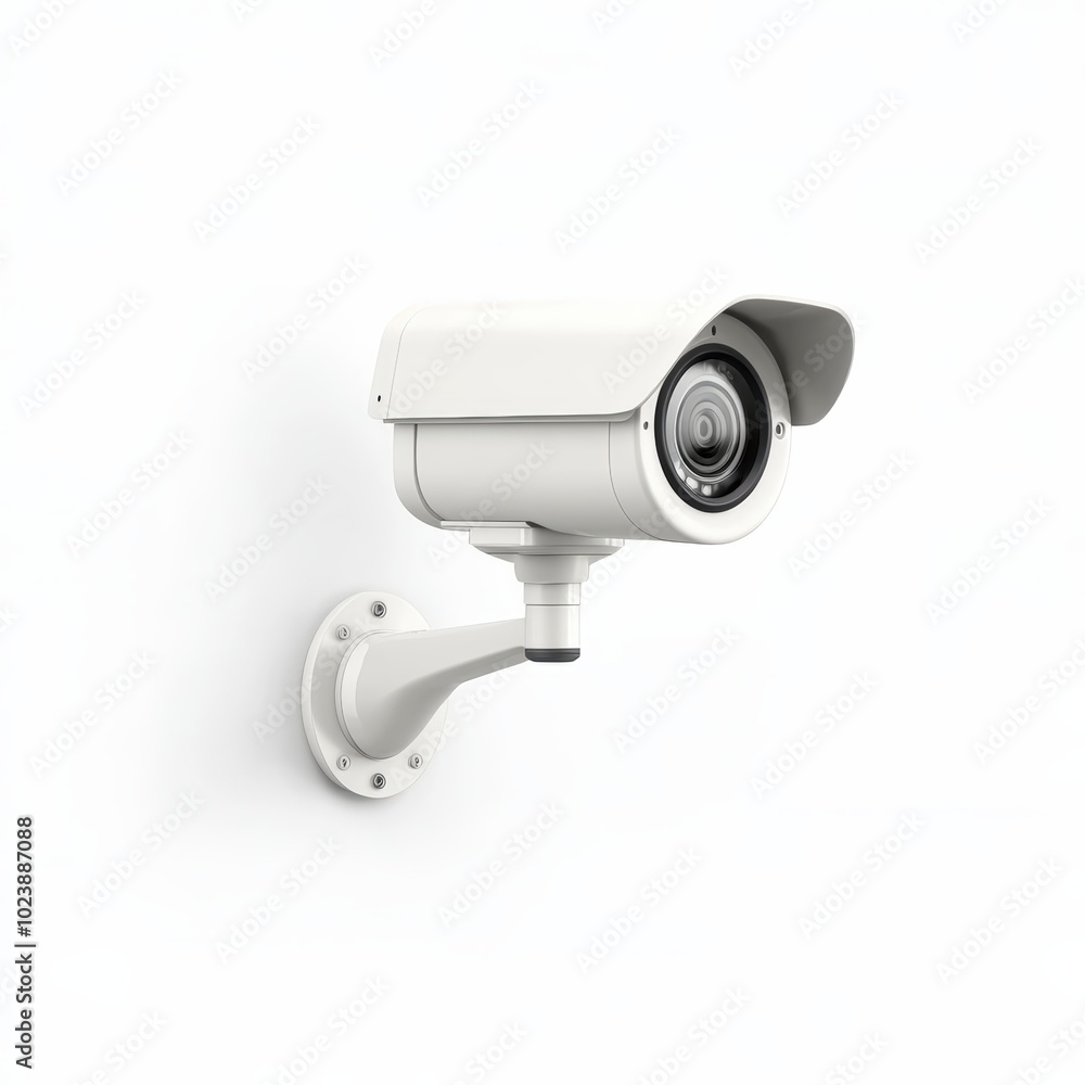 White security camera mounted on a wall, isolated on a white background. White security camera mounted on a wall, isolated on a white background.