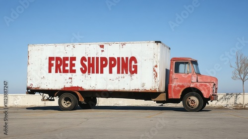 Free Shipping Delivery Truck: A weathered red and white delivery truck with 