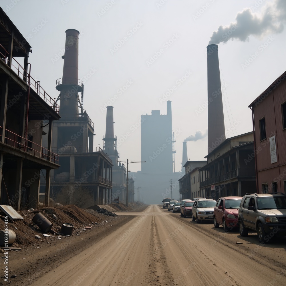 Industrial landscape covered in haziness and smog due to air pollution