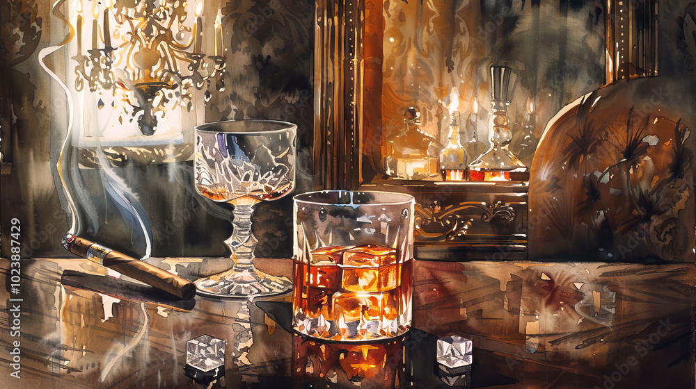 Elegant Watercolor Illustration of Whiskey and Cigar in Luxurious Setting, Concept of Sophistication, Indulgence, and Relaxation Elegant Watercolor Illustration of Whiskey and Cigar in Luxurious Setting, Concept of Sophistication, Indulgence, and Relaxation