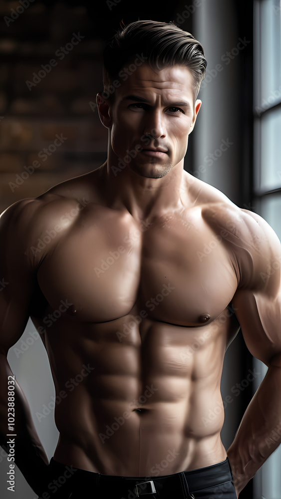 Fototapeta premium Shirtless man stands by a window