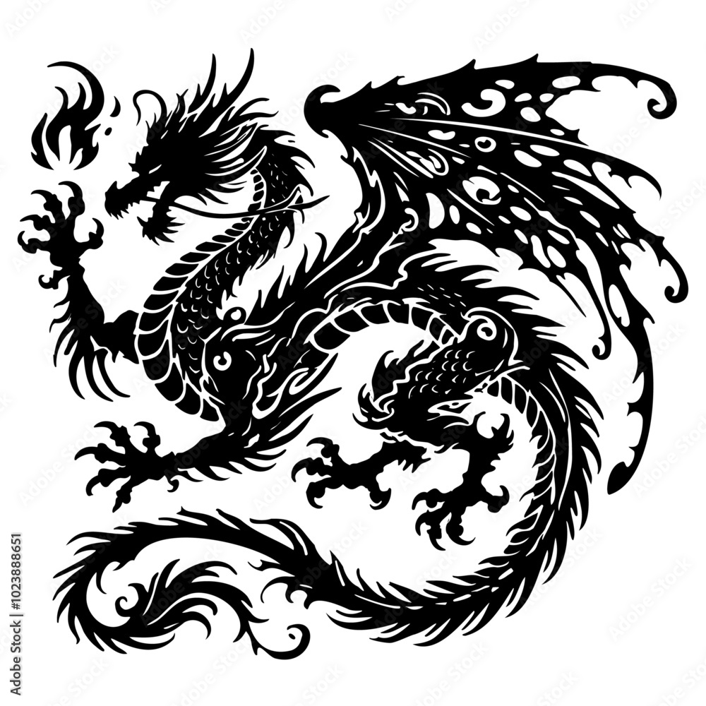 Fototapeta premium Black and white illustration of a dragon breathing fire. Stylized vector artwork isolated on white background. Design for tattoos, posters, and prints