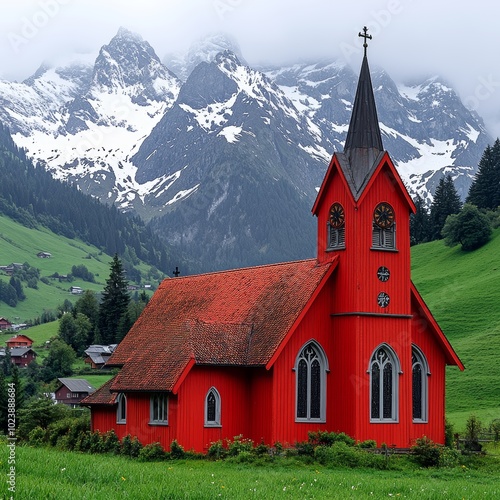 Charming stone chapel in alpine mountain landscape 