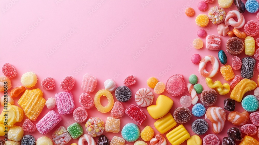 Fototapeta premium A vibrant overhead panoramic view of an assortment of festive sweets and candies, creating a lively confectionery background. Plenty of room for text to the right.