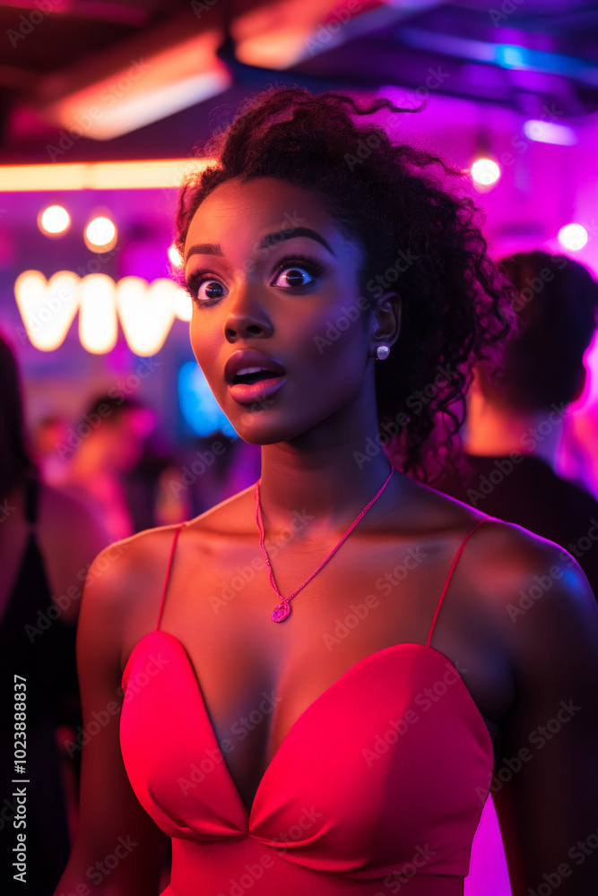 Young adult Black woman in a fashionable red dress, standing at a party, eyes wide with surprise, surrounded by modern decor and neon lights. Young adult Black woman in a fashionable red dress, standing at a party, eyes wide with surprise, surrounded by modern decor and neon lights.