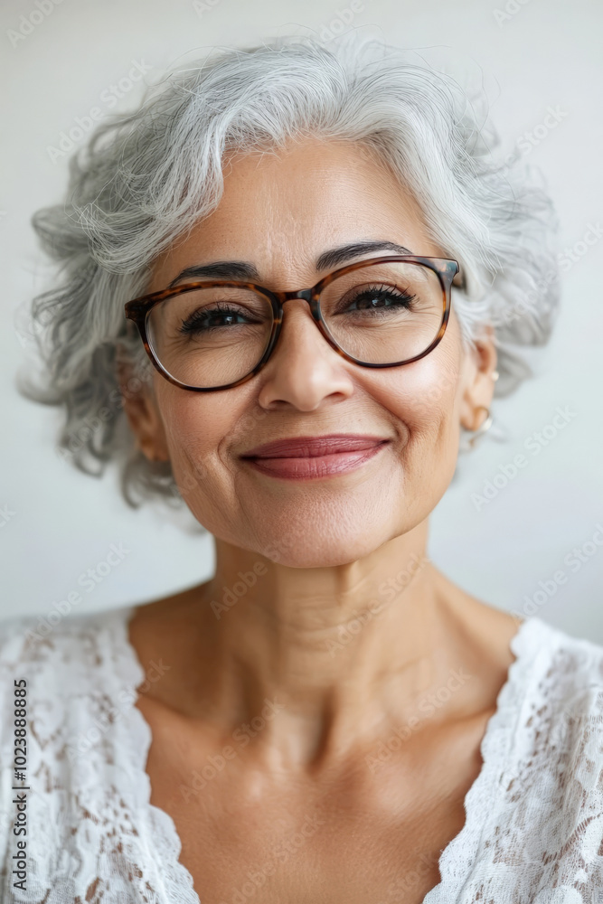 Candid smiling senior Hispanic woman, soft expression with glasses, white background, joyful and elegant for a social media profile. Candid smiling senior Hispanic woman, soft expression with glasses, white background, joyful and elegant for a social media profile.