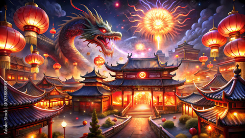 Dragon and fireworks over temple during Chinese New Year celebration