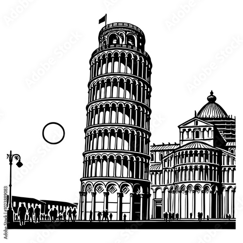 Black and white illustration of the Leaning Tower of Pisa with surrounding buildings and people. Vector artwork isolated on white background. Design for posters, prints, and travel concept.