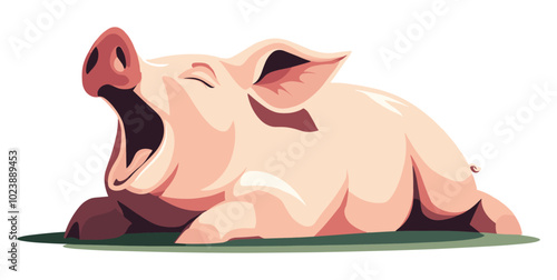 Illustration of a yawning pig lying down on the ground. Cartoon style artwork. Design for posters, prints, and farm-related concepts.
