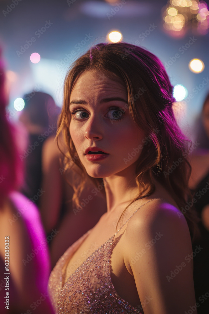 Young adult Caucasian woman in a trendy evening gown, staring wide-eyed at something off-camera, with a party crowd behind her. Young adult Caucasian woman in a trendy evening gown, staring wide-eyed at something off-camera, with a party crowd behind her.