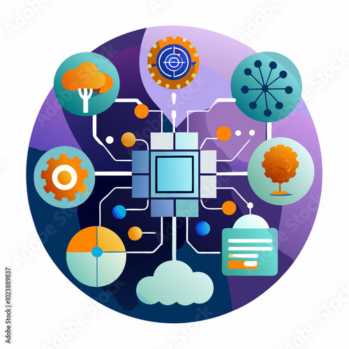 Machine learning concept illustration with neural network in blue and purple tones