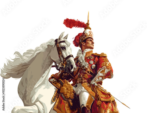 Knight on horseback in full regalia with lance, in a traditional military uniform. Digital illustration with bright red and gold details. Design for poster, print, and historical theme