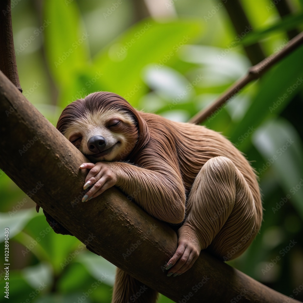 Naklejka premium Cute Sloth Sleeping in Jungle Wildlife Illustration Travel Nature