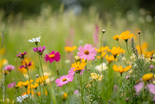 Vibrant Field of Wildflowers in Soft Focus with Mixed Colors and Botanical Beauty