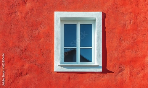 A red wall with a white trim and a window